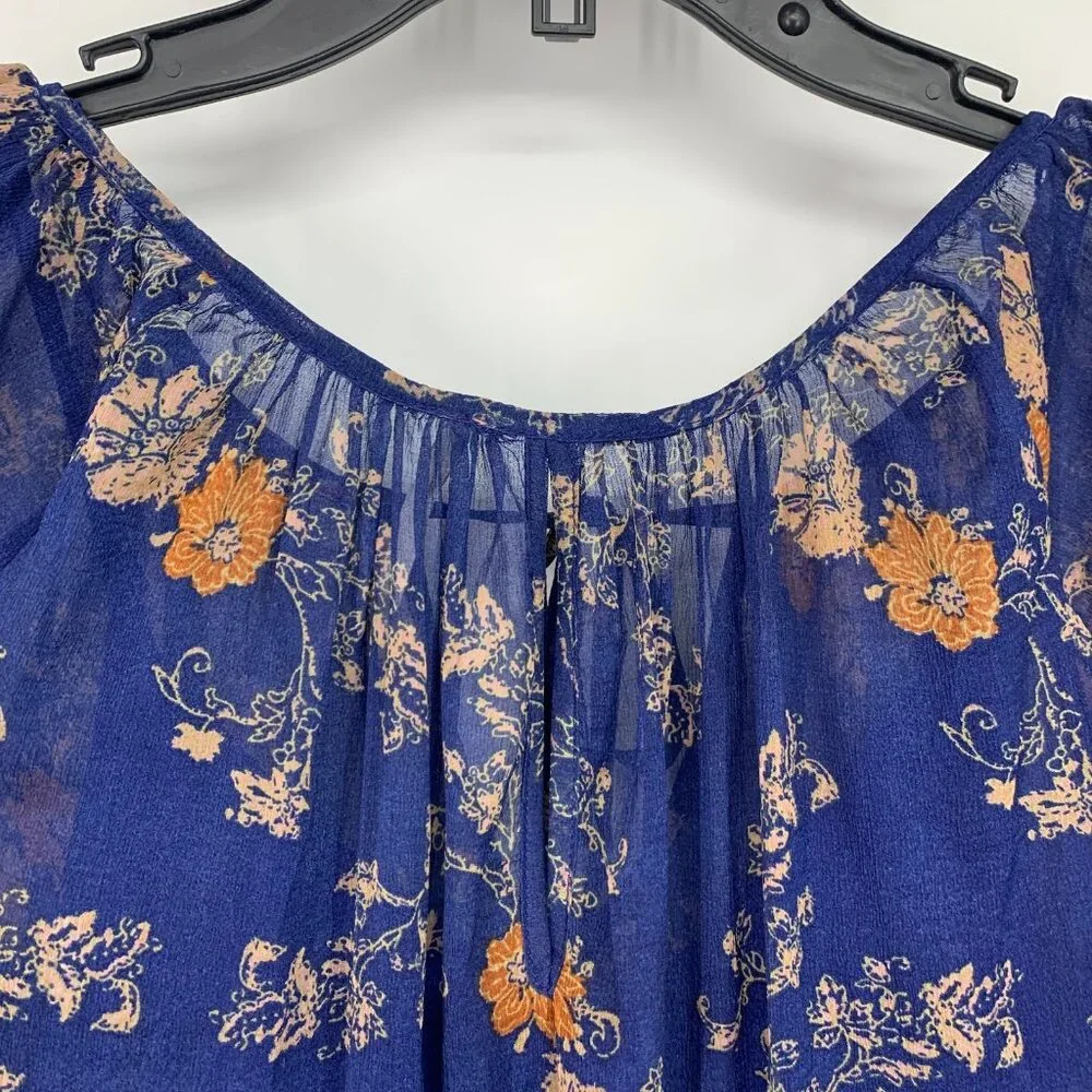 Free People Dress Sunsetter Mini Blue Floral Tiered Ruffle Bell Sleeve